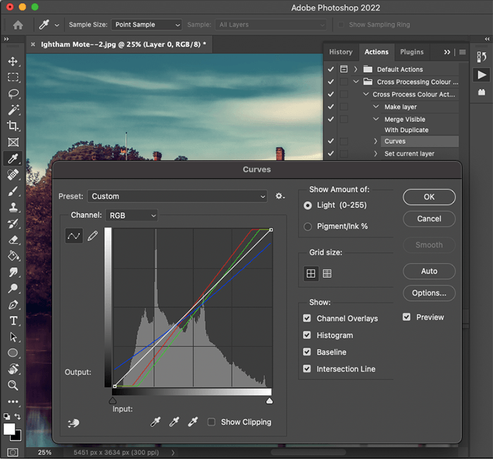 Screenshot of Curves panel for how to install Photoshop actions