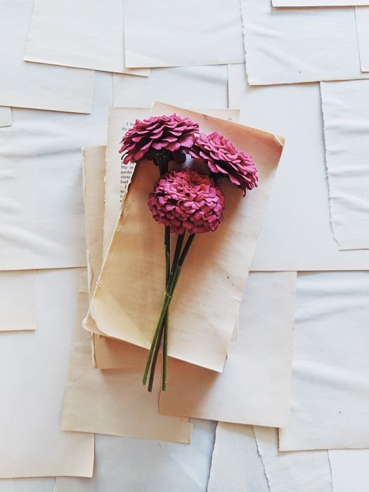 flat lay background idea: three flowers lay on top of a stacked paper flat lay background