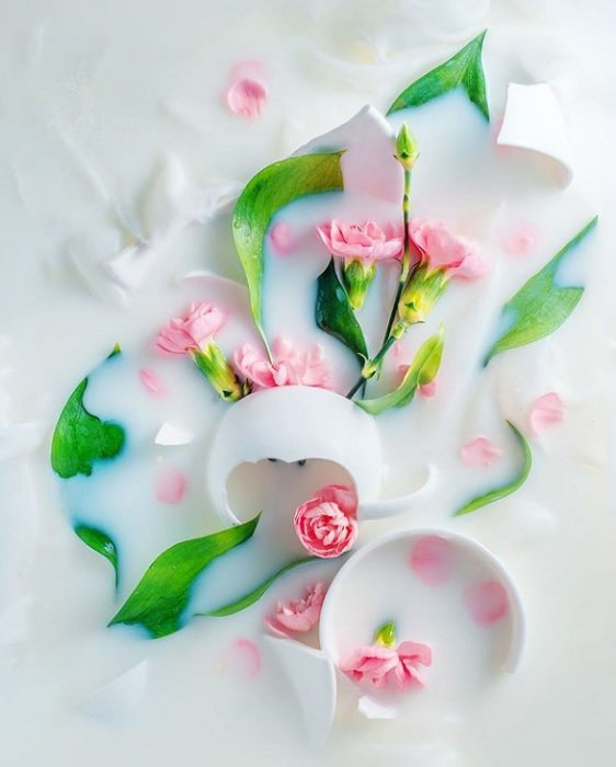 floral flat lay with shattered porcelain