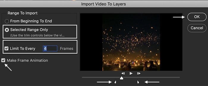 how to make a gif in photoshop: Photoshop screenshot of import video to layers window for a GIF