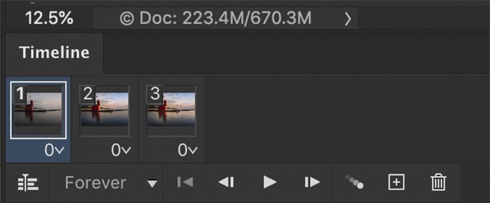 how to make a gif in photoshop: Photoshop screenshot of Timeline window with individual frame layers for a GIF