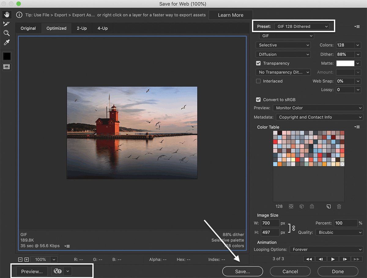 how to make a gif in photoshop: Photoshop screenshot of save for web window options for lighthouse GIF