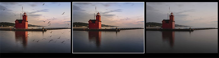 how to make a gif in photoshop: Three images of a lighthouse before after post-processing