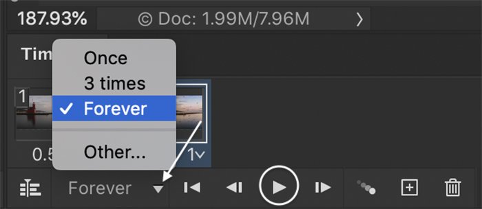 how to make a gif in photoshop: Photoshop screenshot of timeline frame loop menu for a GIF