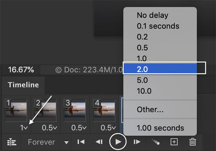 how to make a gif in photoshop: Photoshop screenshot of Timeline timing menu and play control for a GIF