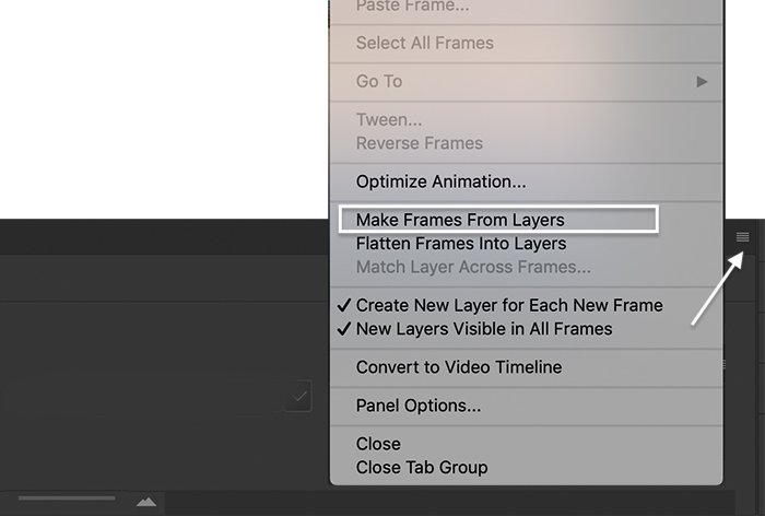 how to make a gif in photoshop: Photoshop screenshot of timeline menu to make frames from layers for a GIF