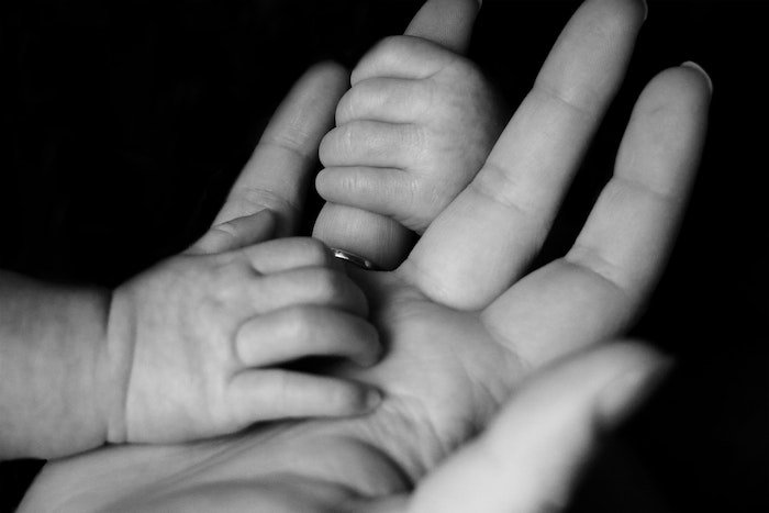 generational picture example: one baby's hand holds the ring finger of the parent while the baby's other hand rests on the palm