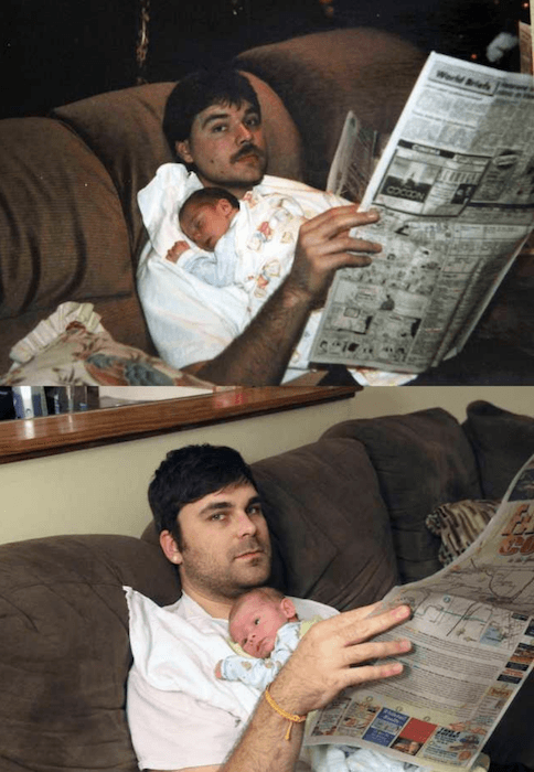 世代摄影：一个新的父亲将他的相同照片作为父亲的婴儿重现