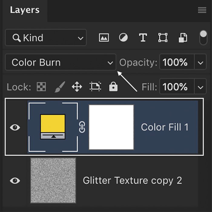 glitter texture in photoshop: Photoshop screenshot of adding a color fill layer to a glitter texture