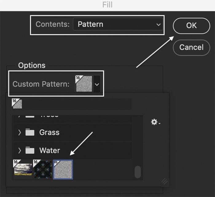 glitter texture in photoshop: Photoshop screenshot of applying a glitter pattern fill