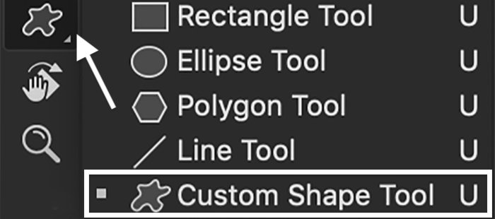 glitter texture in photoshop: Photoshop screenshot of selecting custom shape tool
