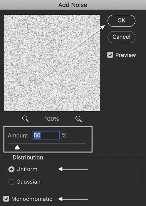 glitter texture in photoshop: Photoshop screenshot of add noise filter