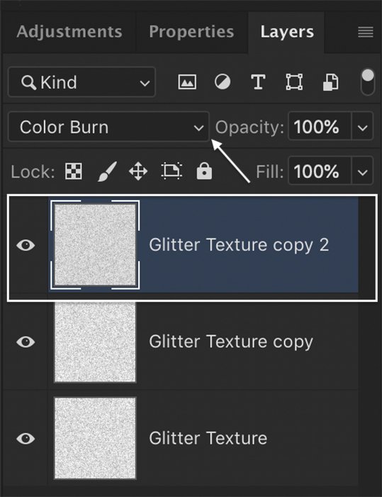 glitter texture in photoshop: Photoshop screenshot of third duplicate layer and blend options