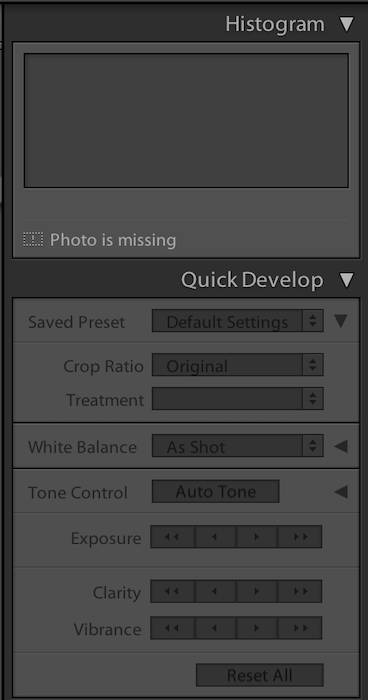 histogram drop down menu with quick develop feature in Lightroom