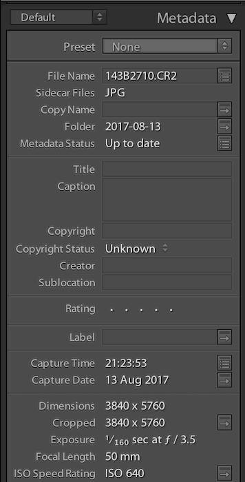 Lightroom catalog shows all relevant image metadata