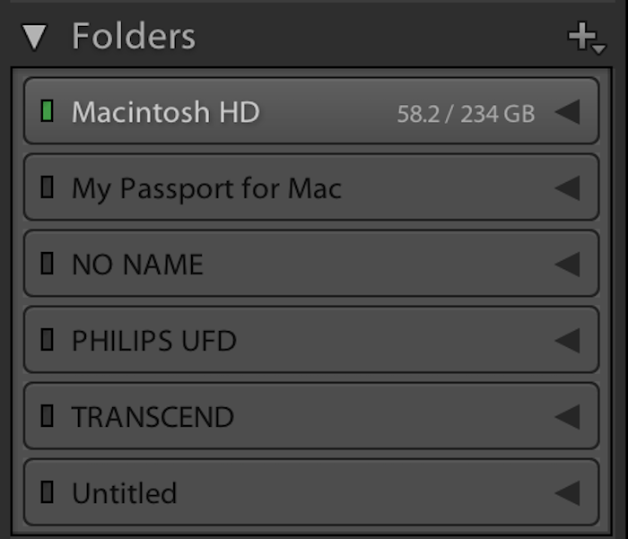 Lightroom catalog folder displays which hard drives are available