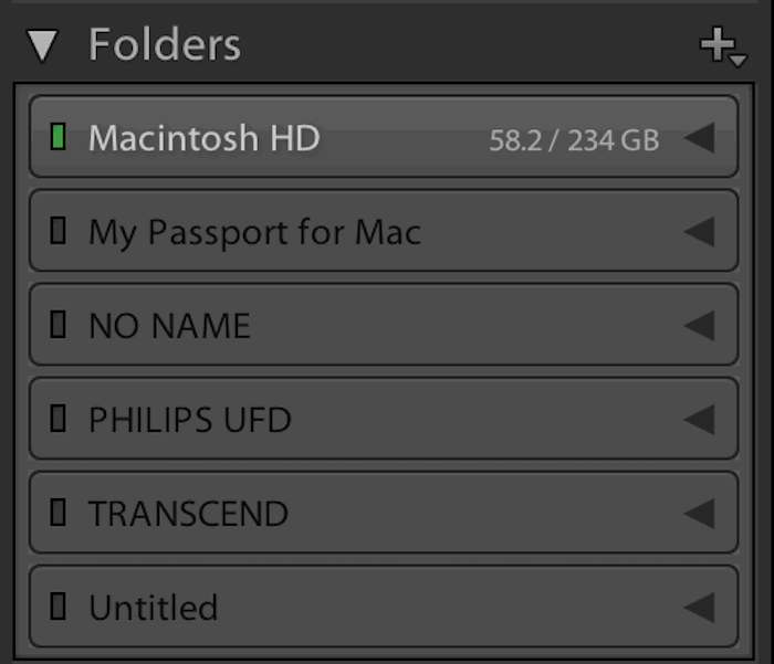 Lightroom catalog folder displays which hard drives are available