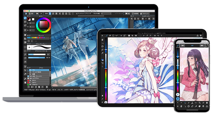 digital art for beginners MediaBang Paint interface shown across three devices