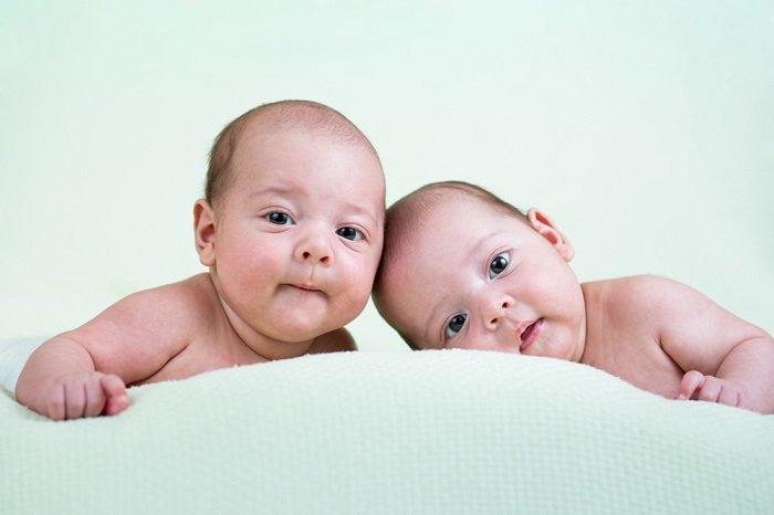 newborn twins photography: newborn twins on their stomachs looking at the camera while gently resting their heads together