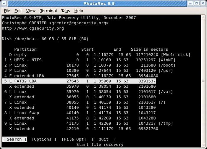 photorec's complicated command-based user interface for file recovery