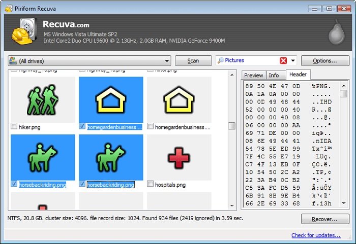 screenshot of the Recuva photo recovery software's simple user interface