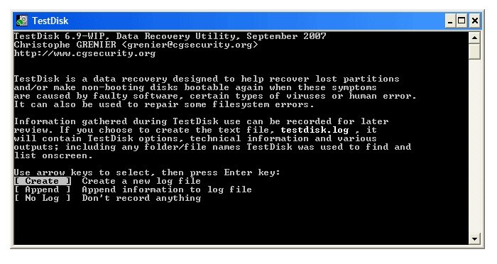 screenshot of testdisk photo recovery software's complicated user interface