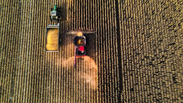 An aerial shot of two farm vehicles harvesting grain in a field with rows of wheat showing rhythm in photography