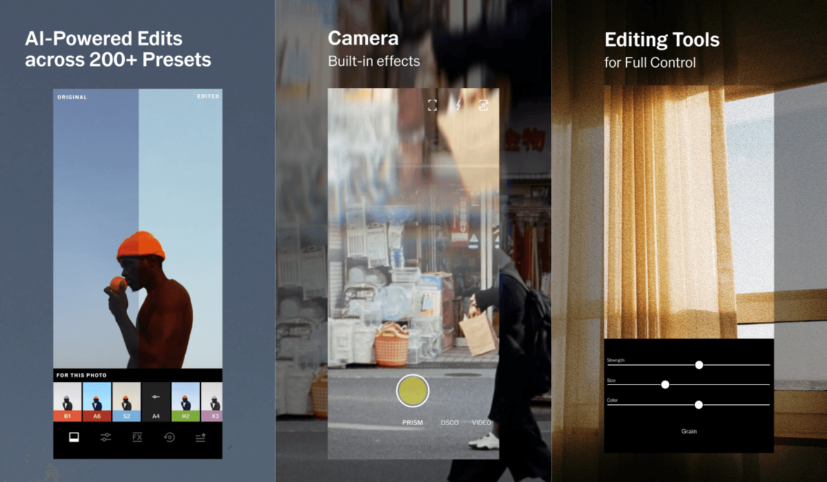 Screenshots of some of VSCO's features as one of the best camera apps for Android