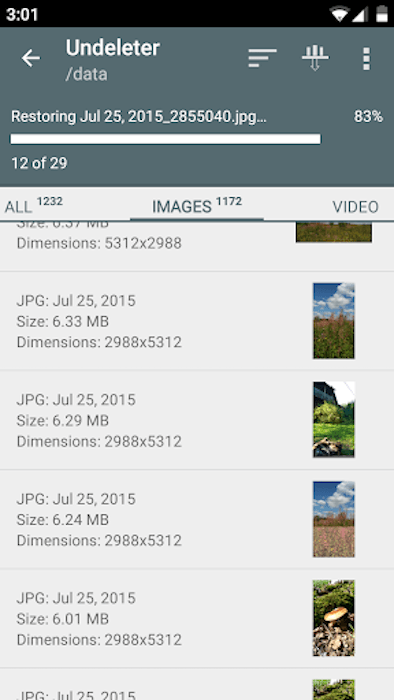 Screenshot of Undeleter photo recovery app