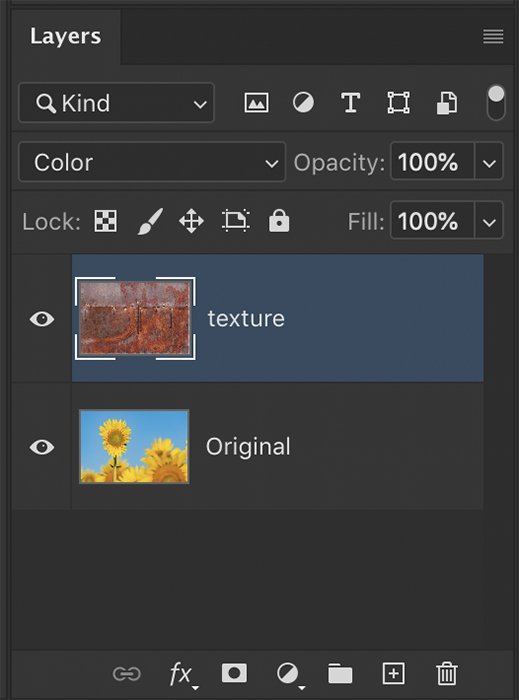how to blend colors in photoshop: Photoshop screenshot of layers panel with a texture layer highlighted