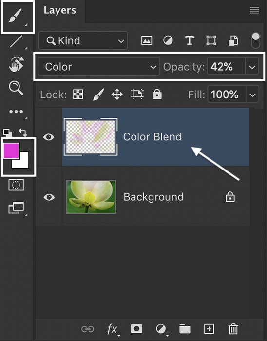 Photoshop screenshot of the layers panel with a Background and Color Blend layer