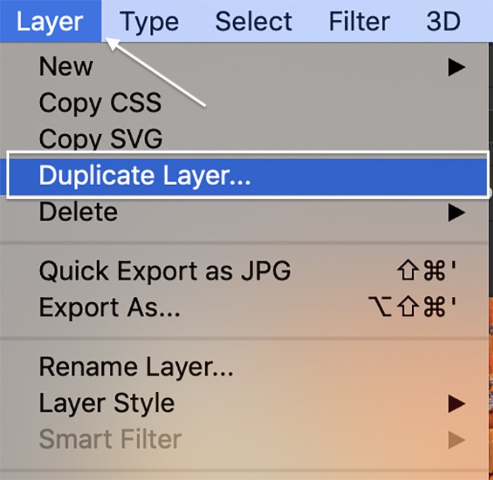Screenshot of Photoshop menu to create a duplicate layer