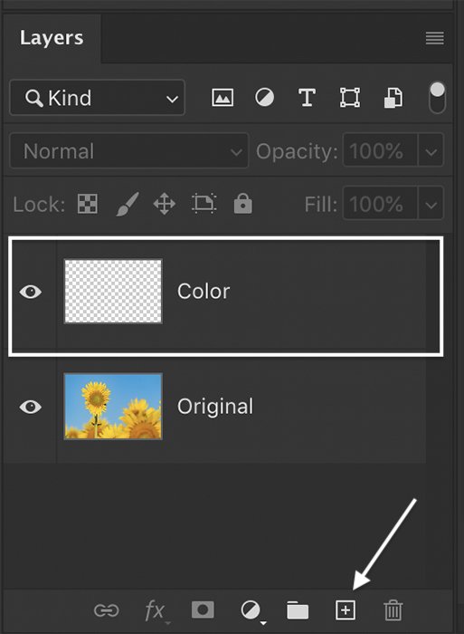 使用图层混合颜色:在图层面板中添加一个新图层的Photoshop截图