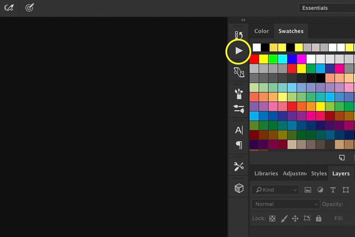 Screenshot of highlighted play button to open palette for how to install Photoshop actions