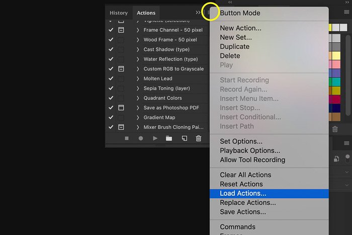 Screenshot of menu for how to load Photoshop actions