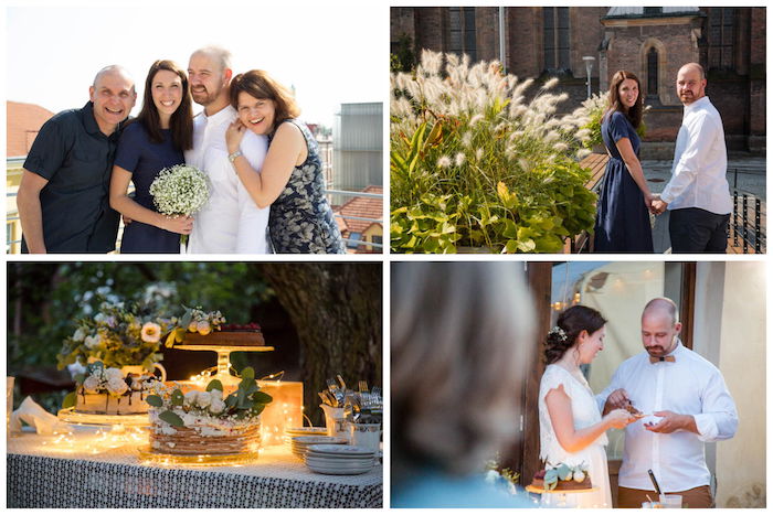 A collage of four original RAW images (converted to JPEG) of a couple's wedding and cake