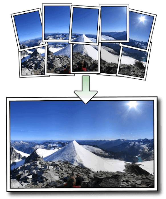 photo stitching: Illustration of ten landscape photos being made into one