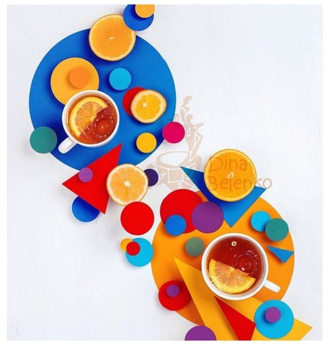 color block photoshoot ideas: flat lay photograph with complimentary colored blue and orange shapes