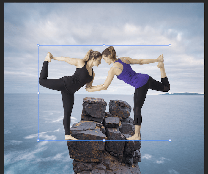 Resize box around cut out women in yoga pose in Photoshop for composite photography