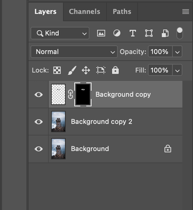 Layers panel showing layer mask in Photoshop for composite photography