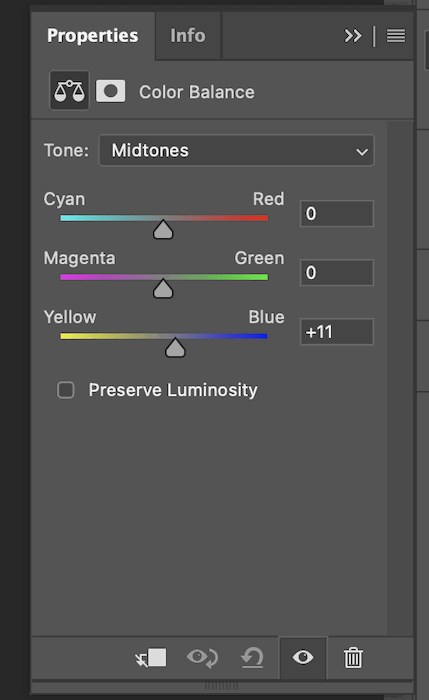 Adjusting blue in Color Balance panel in Photoshop for composite photography