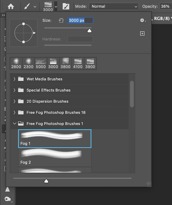 Highlighted Brush tool Fog preset in Photoshop for composite photography