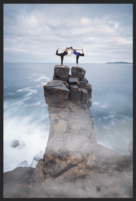 Adding fog to image with women in a yoga pose on top of a cliff in Photoshop for composite photography