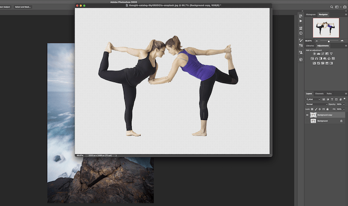 Screenshot of women in yoga pose image being transferred to background image in Photoshop for composite photography
