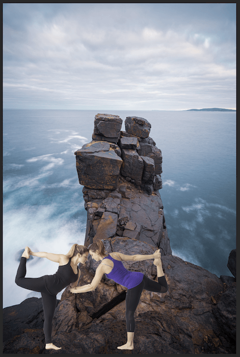 Cut out women in yoga pose image transposed onto cliff background in Photoshop for composite photography