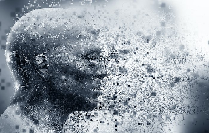 creating a dispersion effect: a CGI image of a bald man dispersing into nothingness with gray and light blue tones