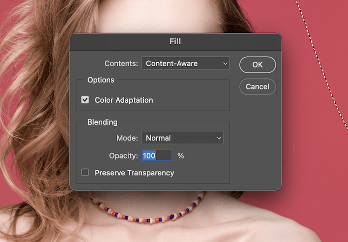dispersion effect step 1: screenshot of the content aware fill box on photoshop