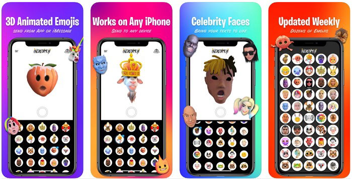 Screenshots of funny photo app Incredimoji