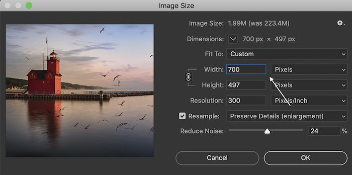 how to make a gif in photoshop: Photoshop screenshot of image size options to resize a lighthouse picture for a GIF
