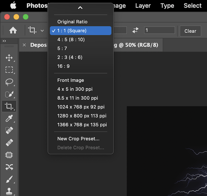 Screenshot of 1:1 (Square) ratio for kaleidoscope effect in Photoshop